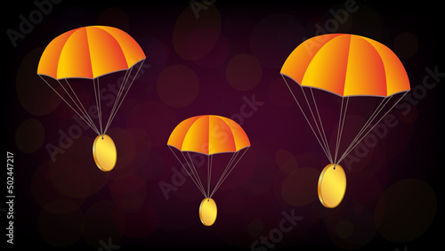 Airdrop concept few parachutes with coins on dark red background. Blank gold coin with place for logo or symbol.