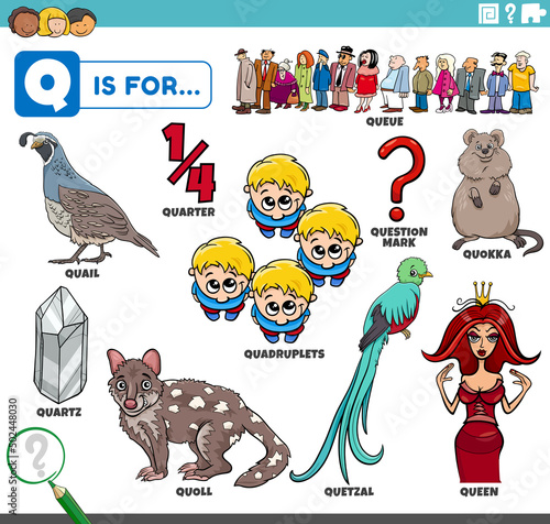 letter q words educational set with cartoon characters