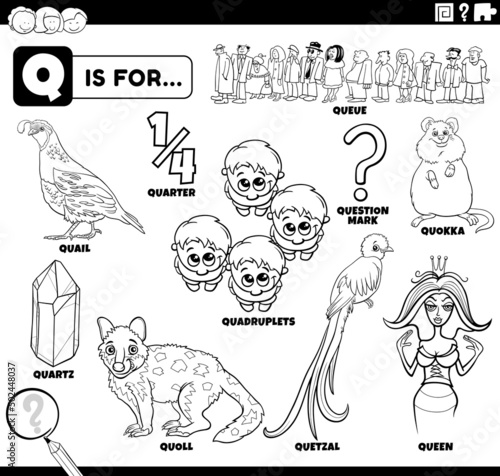 letter q words educational set coloring book page