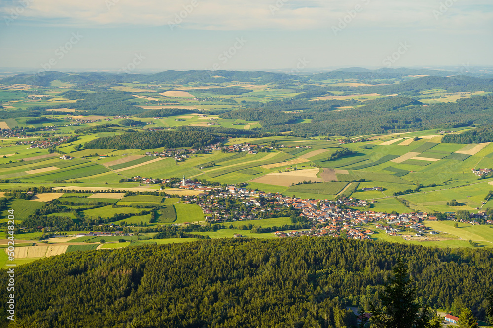 View from mount Hohenbogen to Neukirchen Heiligblut, a small town in the Bavarian Forest.