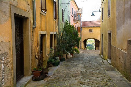 Fototapeta Naklejka Na Ścianę i Meble -  An historic residential street in the medieval hill village of Buzet in Istria, western Croatia
