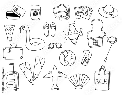 set of elements about travel, vacation and flight. Doodle