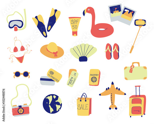 set of elements about travel, vacation and flight