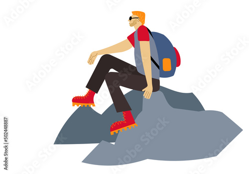 traveler with a backpack sits on a rock on a white background