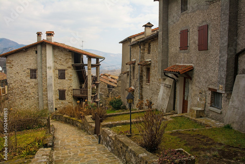 Historic residential buildings in Poffabro, a medieval village in the Val Colvera valley in Pordenone province, Friuli-Venezia Giulia, north east Italy 