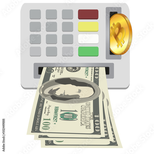 ATM panel with keypad and slots for depositing BTC Bitcoin and receiving cash in paper dollars USD. Concept of exchanging Bitcoin coins for cash Dollars.