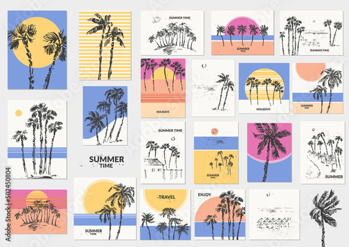 Hand drawn palm trees colorful universal card set