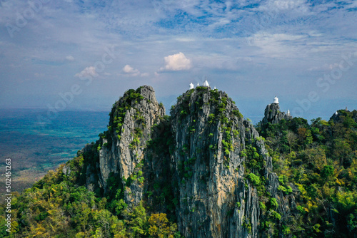 Aerial view of Wat Chaloem Phra Kiat Phrachomklao Rachanusorn, sky pagodas on top of mountain in Lampang Thailand photo