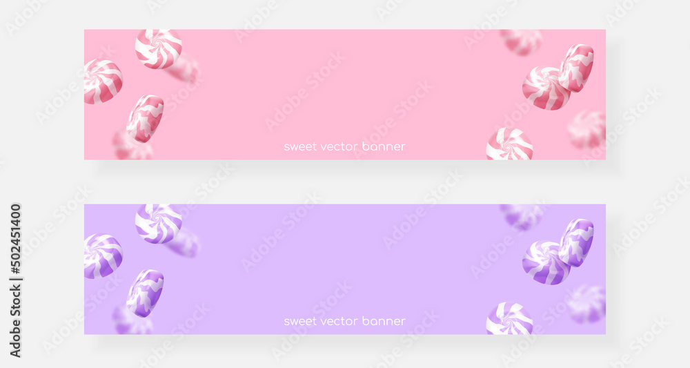 Long banner with realistic falling pink, purple glossy candies, lollipops. Look like 3d rendering. Vector illustration for card, party, design, flyer, poster, banner, web, advertising.