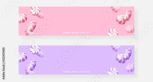 Long banner with realistic falling pink, purple glossy candies, lollipops. Look like 3d rendering. Vector illustration for card, party, design, flyer, poster, banner, web, advertising.