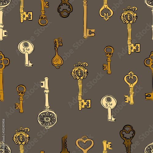 Vintage keys, bronze, gold, silver. Drawing on a transparent background. Choose your own background color. Pattern, desktop wallpaper, pattern on fabric, background. Vector pattern.