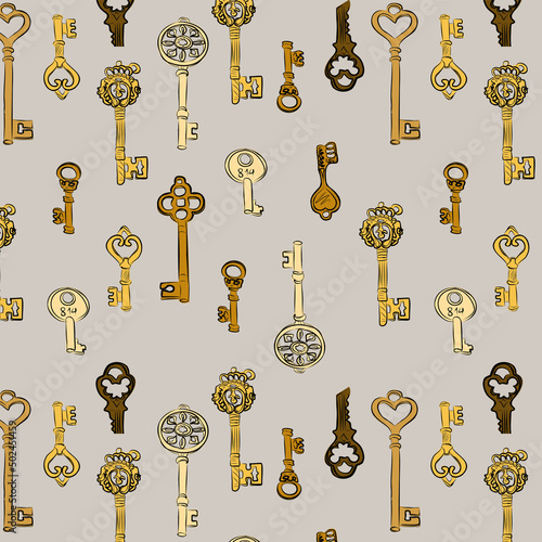 Vintage keys, bronze, gold, silver. Drawing on a transparent background. Choose your own background color. Pattern, desktop wallpaper, pattern on fabric, background. Vector pattern.