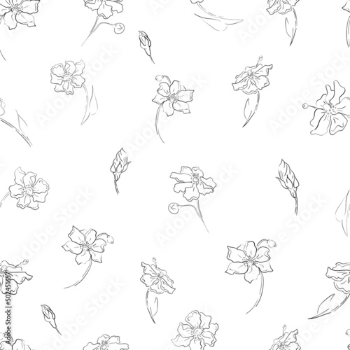 Spring floral pattern of different flowers. Vector illustration. Seamless. Suitable for fabric, postcards, packaging, wallpaper