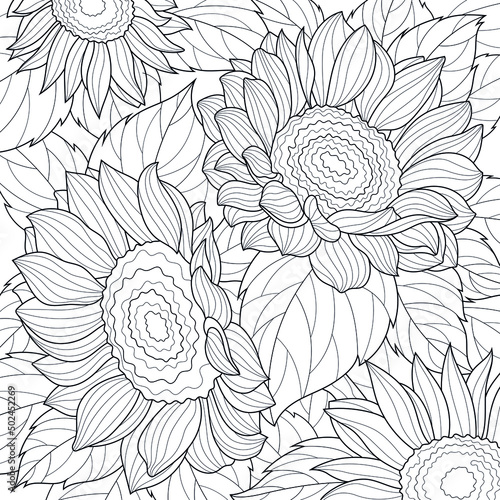 Sunflowers.Coloring book antistress for children and adults. Illustration isolated on white background.Zen-tangle style. Hand draw