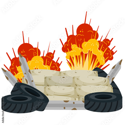 Explosion in barricades. Military operations and sandbag fortifications with barbed wire. Assault and war. Modern conflict. Cartoon outline illustration