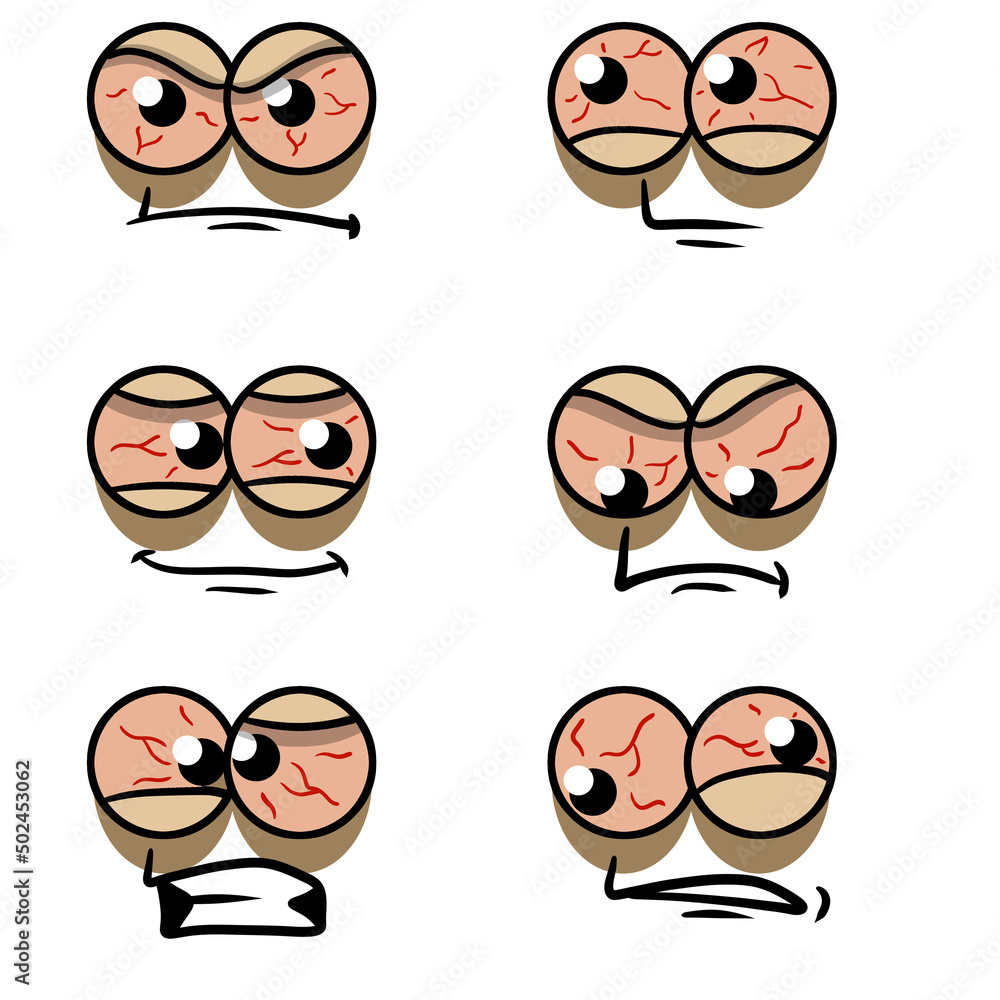 Tired face with red eyes. Stoned or drunk character. Symptom of