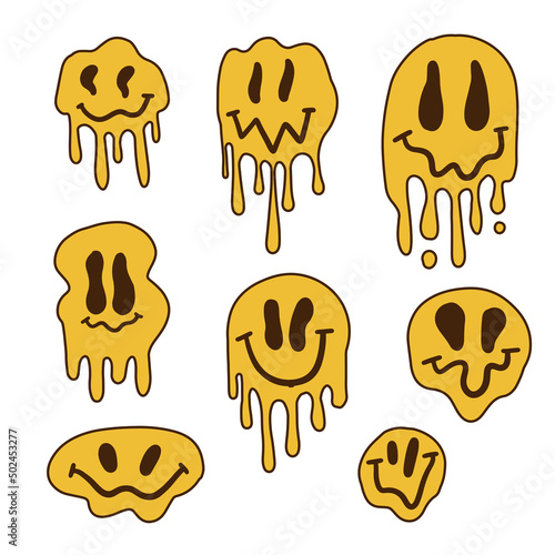 Set of Melting or dripping smiles drawn in 70s style. Collection of psychedelic smiley isolated on white background. Vector illustration. photo