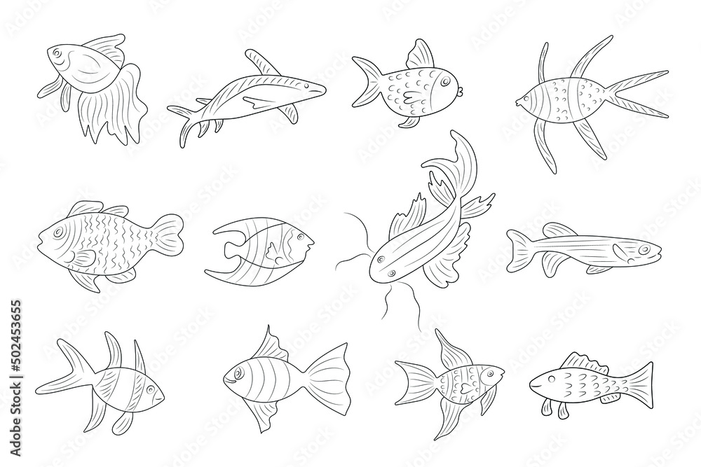 set of different fish with black outline