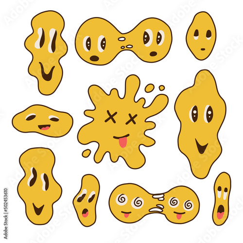 Bif set of funny retro melting crazy and dripping smiley faces. Distorted graffiti psychedelic emoji. Hippie groovy smile characters collection. Positive facial trippy expressions. Hand drawn vector