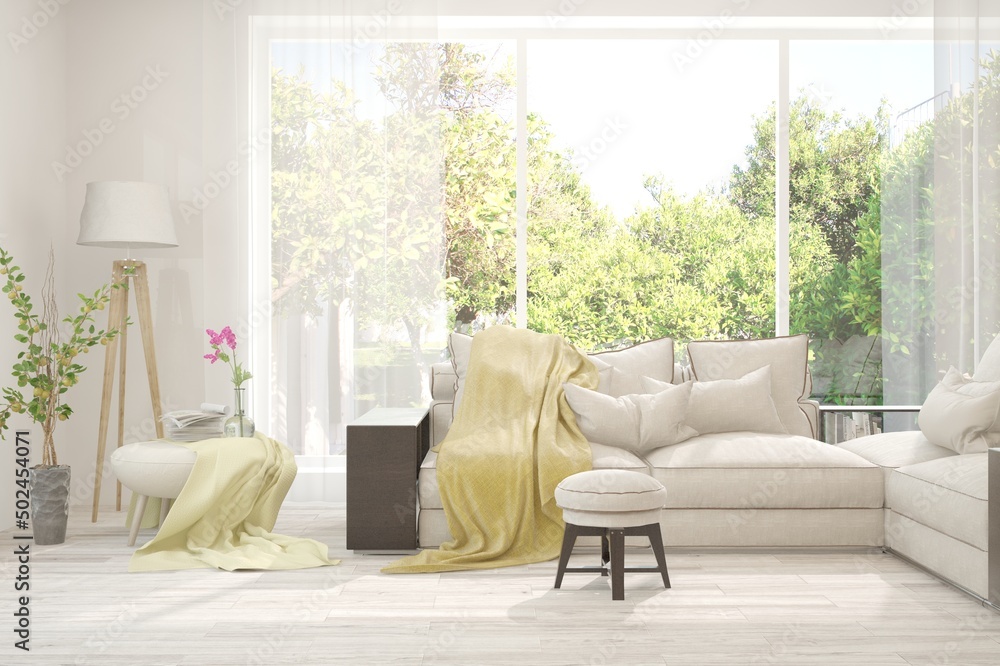 Fototapeta premium White living room with sofa and summer landscape in window. Scandinavian interior design. 3D illustration
