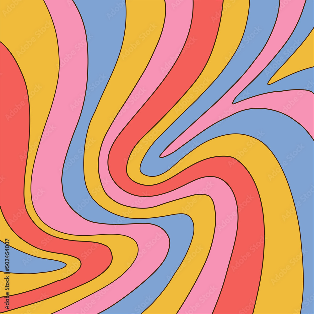 Retro groovy background with rainbow stripes. Abstract colourful and textured wavy shapes design.Hand drawn vector illustration with editable outline path