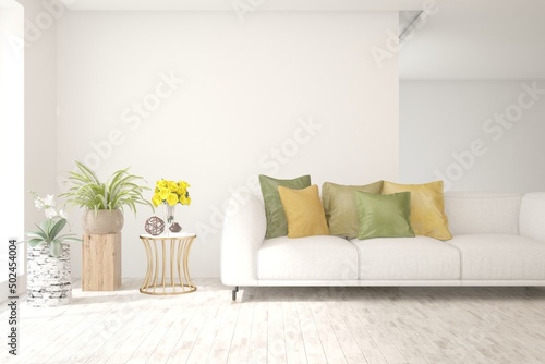 White living room with sofa. Scandinavian interior design. 3D illustration