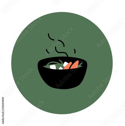 illustration of asian miso soup in bowl on green.