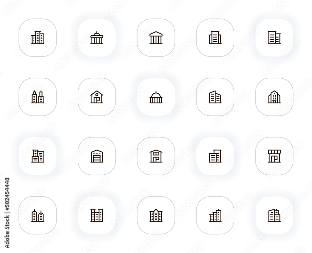 Building and construction line icons set. Skyscraper, apartment, house, bank and other buttons. Vector outline pictograms for web and ui, ux mobile app design. Editable Stroke. 24x24 Pixel Perfect.