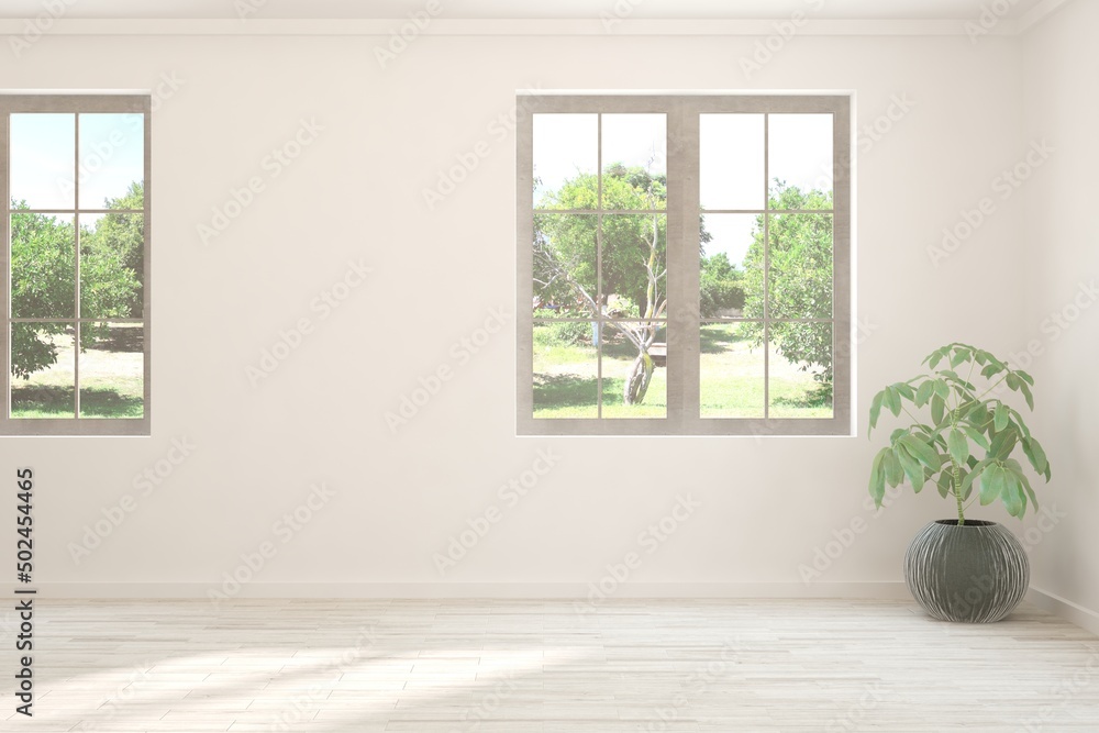 Obraz premium White living room with sofa and summer landscape in window. Scandinavian interior design. 3D illustration