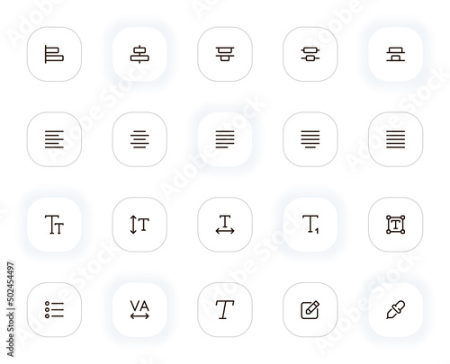 Type, paragraph and character line icons set. Text editing, alignment, format and other buttons. Vector outline pictograms for web and ui, ux mobile app design. Editable Stroke. 24x24 Pixel Perfect.