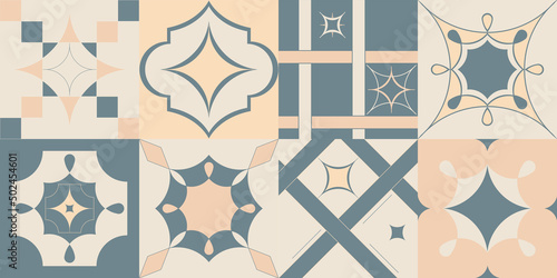 Collection of vector patterns - ceramic tiles with geometric ornament in calm shades. Portugal, Turkish ornament, Moroccan tile. Use for design tiles, wallpaper, fabric, wrapping paper.