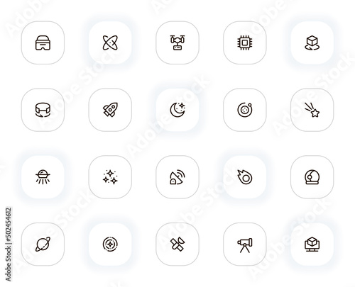 Technology and space line icons set. Science, rocket, drone, microcircuit, star and other buttons. Vector outline pictograms for web and ui, ux mobile app design. Editable Stroke. 24x24 Pixel Perfect.