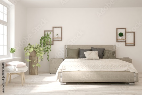 Soft color bedroom interior. Scandinavian design. 3D illustration