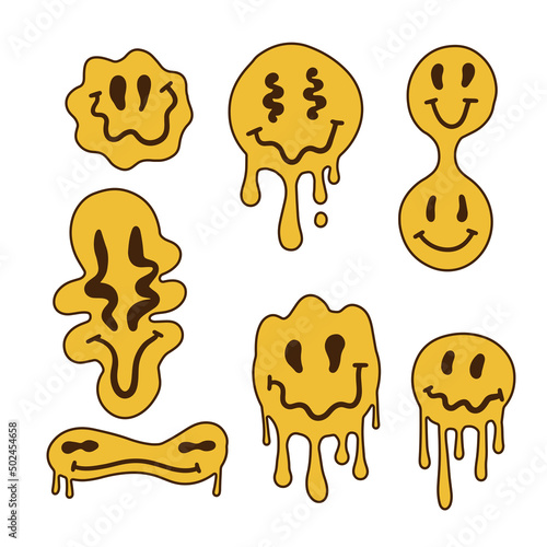 Set of distorted emoji faces isolated on white background. Retro trippy characters, dripping smiley emoticons. Vector hand drawn illustration.