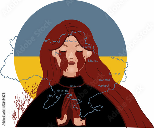 illustration of crying ukrainian woman praying with closed eyes near map of country.