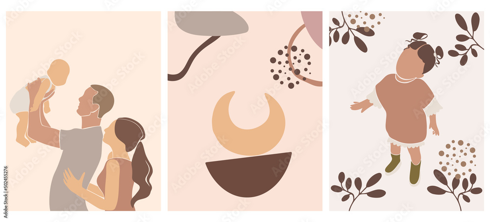 Abstract bundle of pregnant woman, baby, father and couple . Modern Art about family - mother concept. Hand drawn vector illustration in minimalistic style.