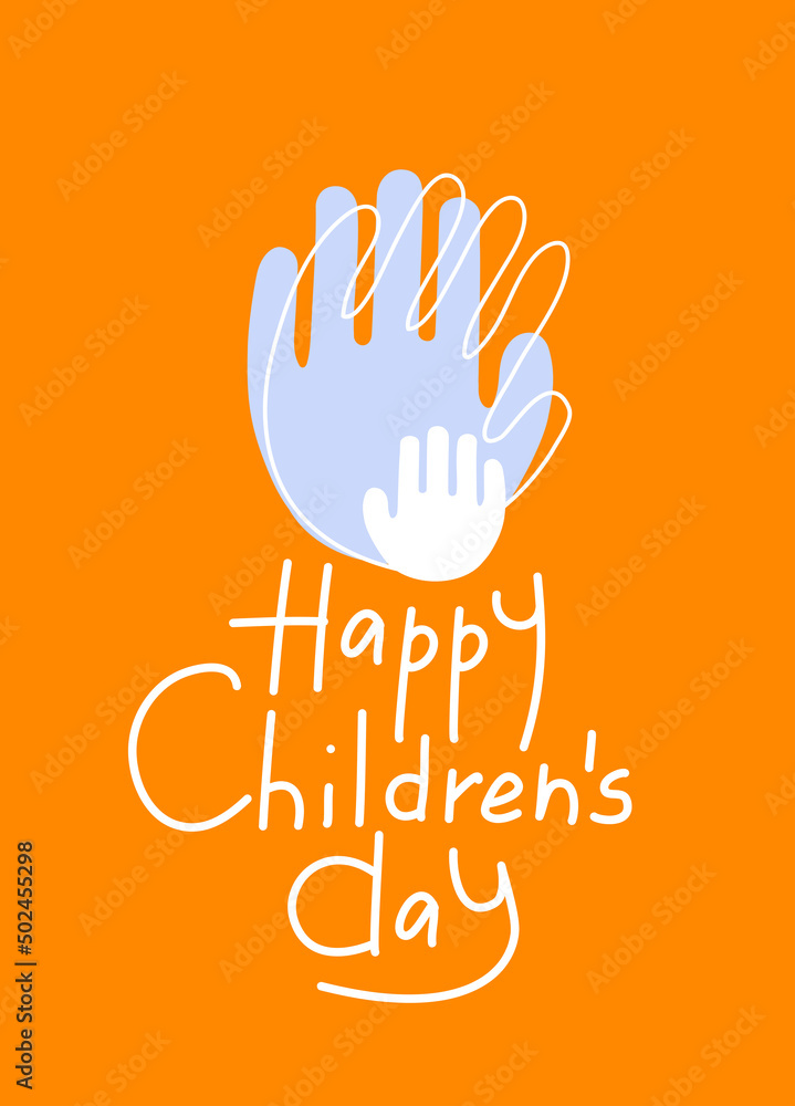 Obraz premium illustration of abstract adult and child hand prints near happy children day lettering on orange.