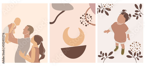 Abstract bundle of pregnant woman, baby, father and couple . Modern Art about family - mother concept. Hand drawn vector illustration in minimalistic style.