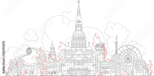 illustration of burning ukrainian city on white, banner.