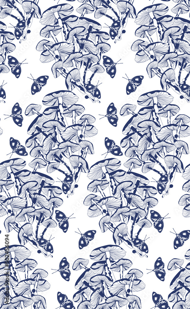 Fototapeta premium Pattern mushrooms and butterflies in vintage style, blue on white