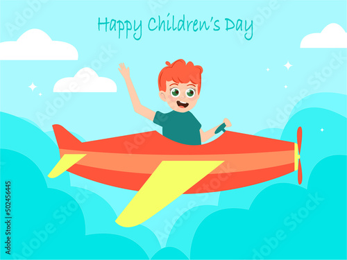 illustration of happy boy in plane near clouds and happy childrens day lettering.