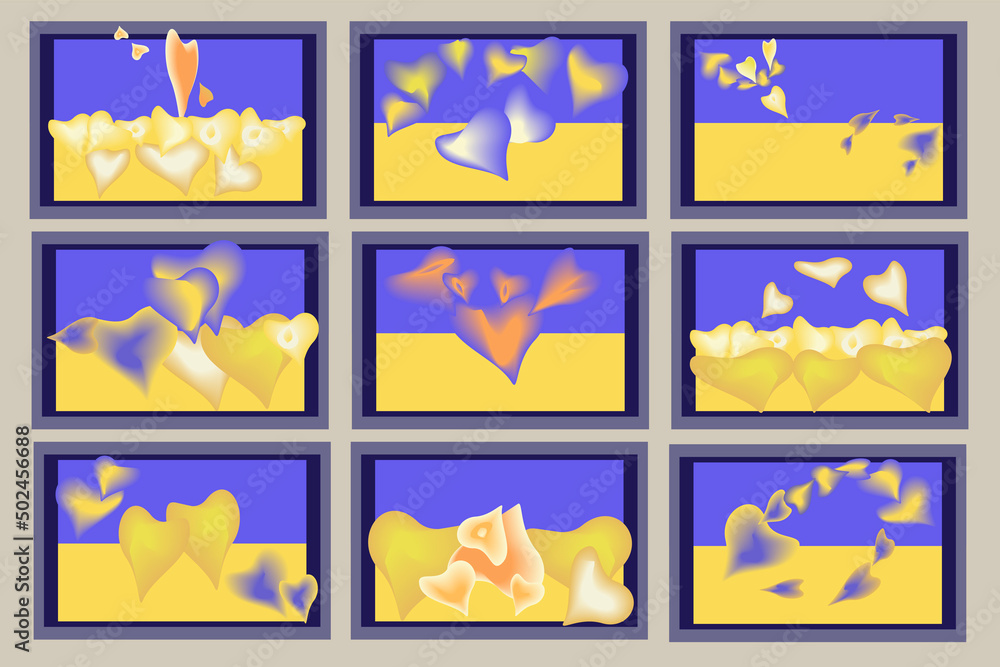 abstract painting in blue and yellow with hearts