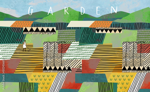 Garden, nature and landscape. Vector illustration of a sown field on a farm in the form of a pattern, crop, mountains and a farmer. Drawing for banner, poster or background