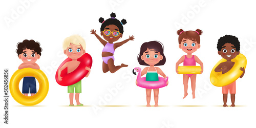 Cute Children of different nationalities in Swimsuit and shorts with Inflatable circle. Vector Illustration in 3D Cartoon style