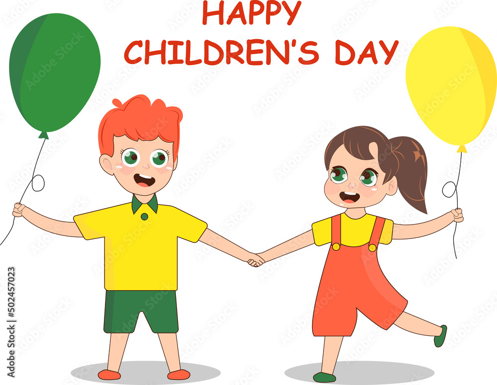 illustration of happy boy and girl holding balloons near happy childrens day lettering on white. illustration of happy boy and girl holding balloons near happy childrens day lettering on white.