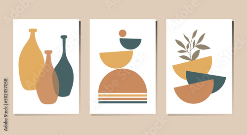 Vector Set of Abstract compositions in Boho Style. Vases  plates  pots and leaves. Earthy colors. Used for interior design  posters  postcards  printing  banner