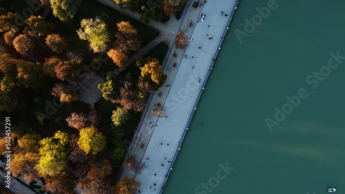 Drone photography of trees bordering the Great Pond of Retiro Park.