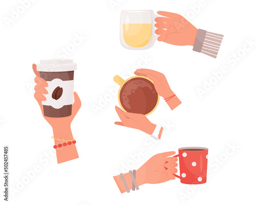 Collection of hands holding hot drinks. Flat cartoon vector illustration set.