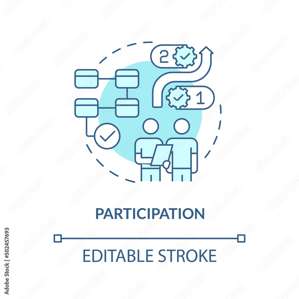 Participation turquoise concept icon. World integration turquoise concept abstract idea thin line illustration. Isolated outline drawing. Editable stroke. Arial, Myriad Pro-Bold fonts used