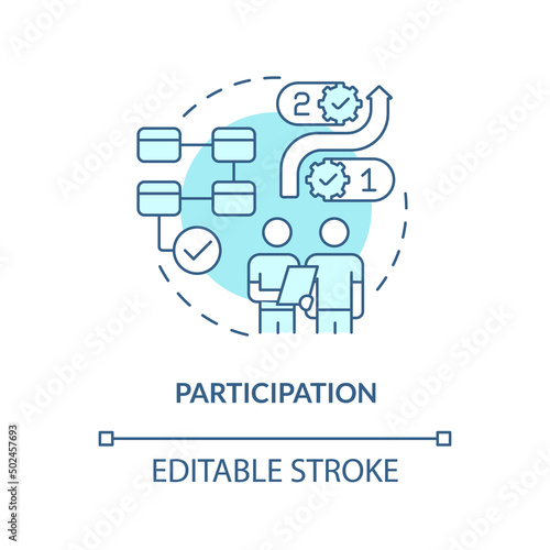Participation turquoise concept icon. World integration turquoise concept abstract idea thin line illustration. Isolated outline drawing. Editable stroke. Arial, Myriad Pro-Bold fonts used